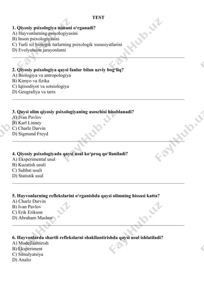 qiyosiy psixologiya test savollari — DOCX