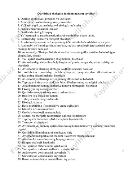 qurilishda ekologiya fanidan nazorat savollari — DOCX