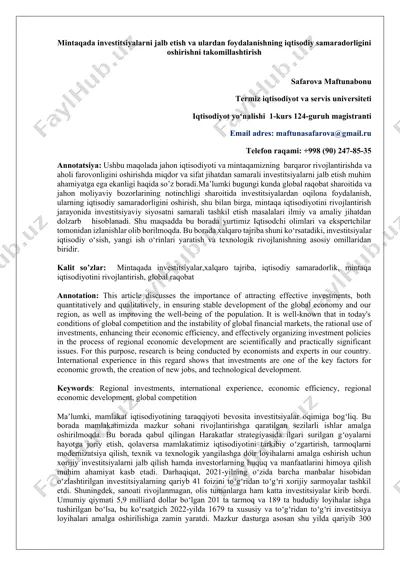 investitsiyalarni jalb etish va ulardan foydalanishning iqtisodiy samaradorligini oshirishni takomillashtirish — DOCX