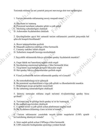 turizmda reklama va uni yaratish jarayoni mavzusiga doir test topshiriqlari — DOCX