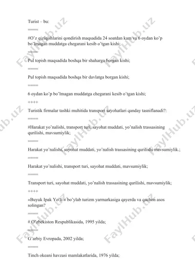 turizm yakuniy test savollari 200 ta — DOCX