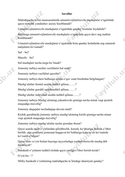 jismoniy tarbiya savollar — DOCX