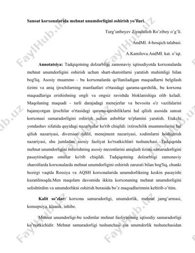 sanoat korxonalarida mehnat unumdorligini oshirish yo’llari — DOCX