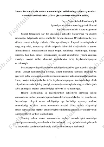 sanoat korxonalarida mehnat unumdorligini oshirishning zamonaviy usullari va uni takomillashtirish yo’llari (surxondaryo viloyati misolida) — DOCX