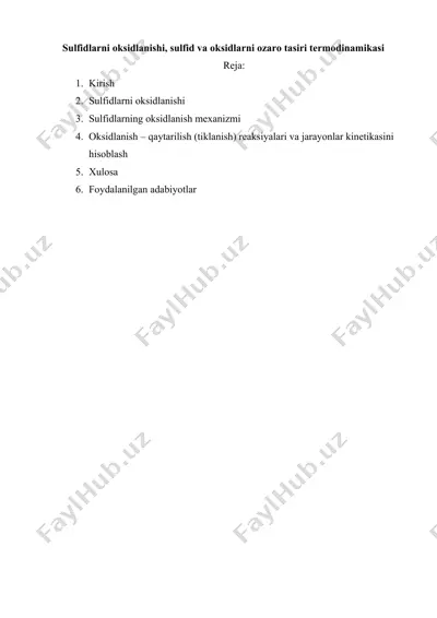 sulfidlarni oksidlanishi, sulfid va oksidlarni ozaro tasiri termodinamikasi — DOCX