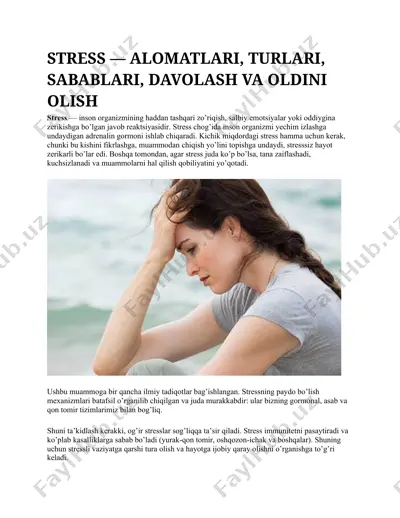 stress — alomatlari, turlari, sabablari, davolash va oldini olish — DOCX