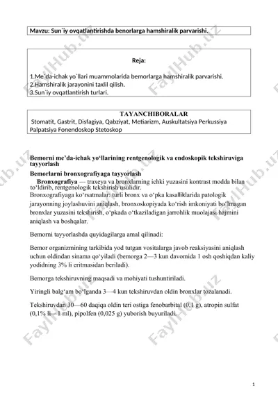 suniy ovqatlanishda bemorlarga hamshirali parvarishi — DOCX