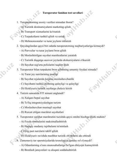 turoperator fanidan test savollari — DOCX