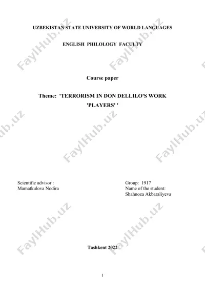 terrorism in don dellilo's work 'players' — DOCX