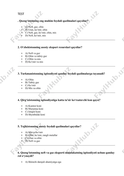 xalqaro iqtisodiyotdagi mamlakatlar haqida test savollari — DOCX
