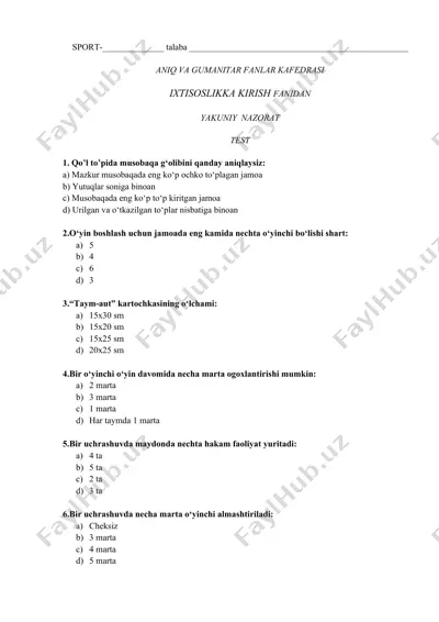 aniq va guminatar fanlar kafedrasi itisoslashtilign testlar javoblar mavjud emas — DOCX