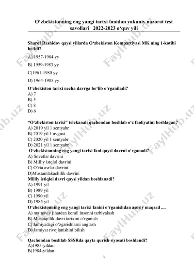 o‘zbekistonning eng yangi tarixi fanidan yakuniy nazorat test savollari 2022-2023 o‘quv yili — DOCX
