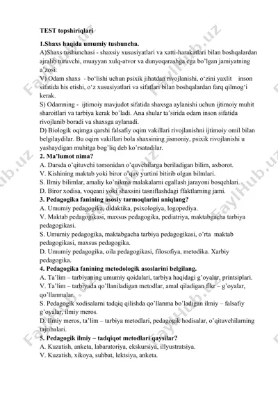 shaxs haqida umumiy tushuncha savollar — DOCX