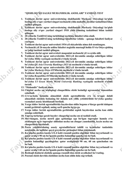 qishloq xo‘jaligi muhandislik asoslari testi — DOCX