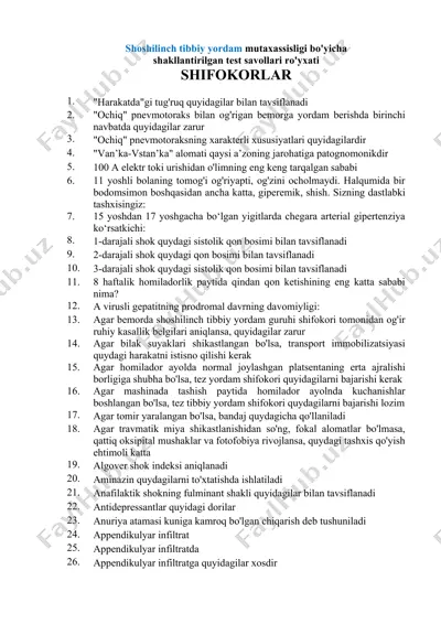 shoshilinch tibbiy yordam mutaxassisligi bo'yicha shakllantirilgan test savollari ro'yxati — DOCX