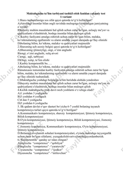 maktabgacha ta’lim tarbiyani tashkil etish fanidan yakuniy test — DOCX