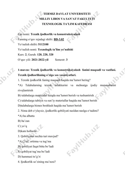 texnik ijodkorlik va konustruksiyalash fanini maqsadi va vazifasi — DOCX