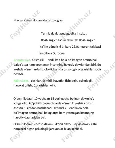 oʻsmirlik davrida psixologiya — DOCX