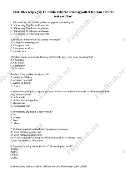 2021-2022 o’quv yili ta’limda axborot texnologiyalari fanidan nazorat test savollari — DOCX