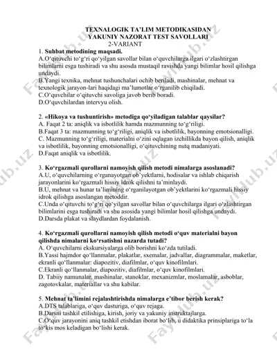 texnologik ta’lim metodikasidan yakuniy nazorat test savollari — DOCX