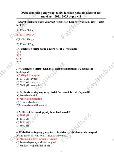o‘zbekistonning eng yangi tarixi fanidan yakuniy nazorat test savollari 2022-2023 o‘quv yili — DOCX