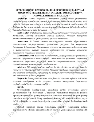 o`zbekistonda kambag`allikni qisqartirishda davlat moliyaviy resurslaridan samarali foydalanish va takomillashtirish usullari — DOCX