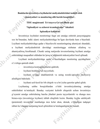 investitsiya loyihalarini moliyalashtirishni tashkil etishning xususiyatlari va monitoring bosqichlari — DOCX