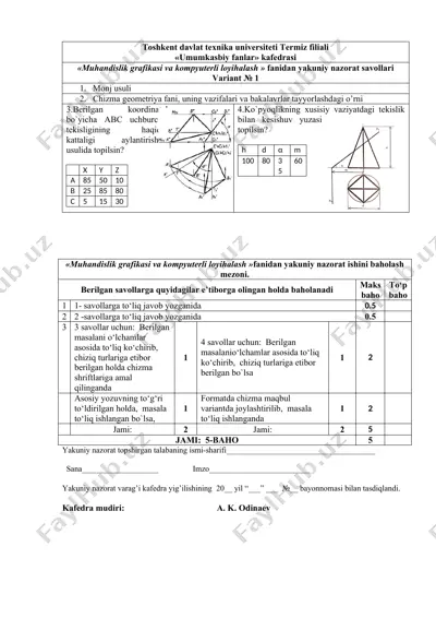 yakuniy nazorat varagi muhandislik grafikasi va loyihalash fanidan — DOCX