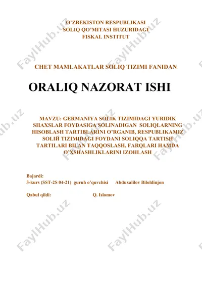 germaniya solik tizimidagi yuridik shaxslar foydasiga solinadigan  soliqlarning hisoblash tartiblari — DOCX