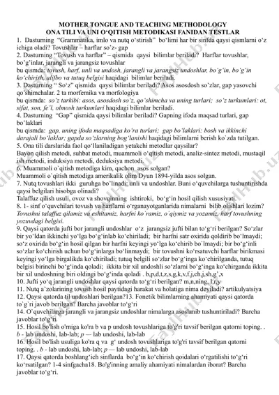 ona tili va uni o‘qitish metodikasi fanidan testlar — DOCX