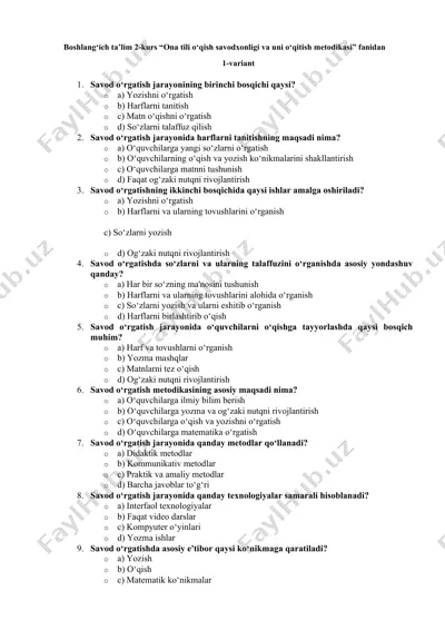 boshlang‘ich ta’lim 2-kurs “ona tili o‘qish savodxonligi va uni o‘qitish metodikasi” fanidan — DOCX