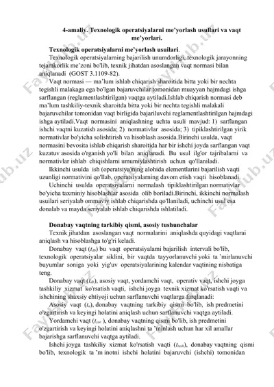 texnologik operatsiyalarni me’yorlash usullari va vaqt me’yorlari — DOCX