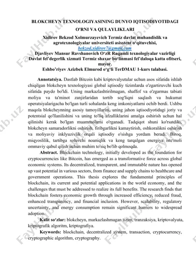 blokcheyn texnologiyasining dunyo iqtisodiyotidagi o'rni va qulayliklari — DOCX