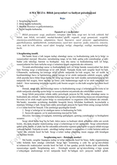 4-ma`ruza: bilish jarayonlari va faoliyat psixologiyasi — DOCX