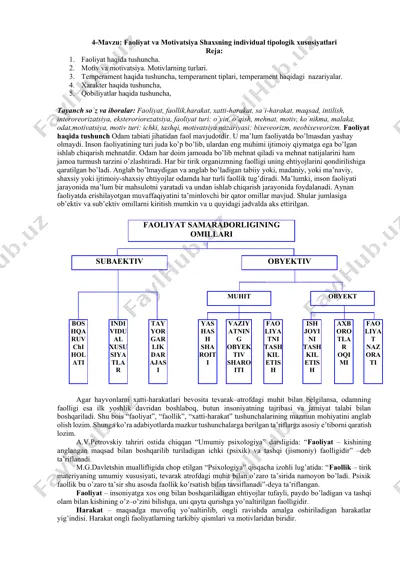 faoliyat va motivatsiya shaxsning individual tipologik xususiyatlari — DOCX
