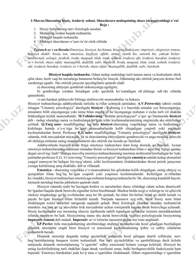 shaxsning hissiy, irodaviy sohasi. shaxslararo muloqotning shaxs taraqqiyotidagi o`rni — DOCX