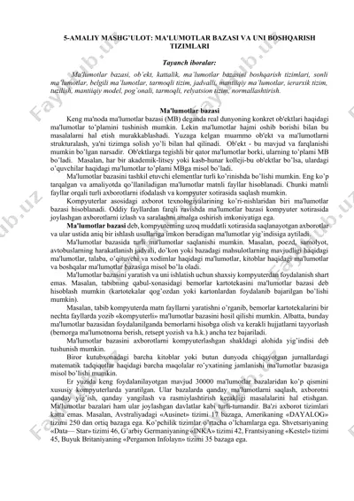 amaliy mashg’ulot: ma'lumotlar bazasi va uni boshqarish tizimlari — DOCX