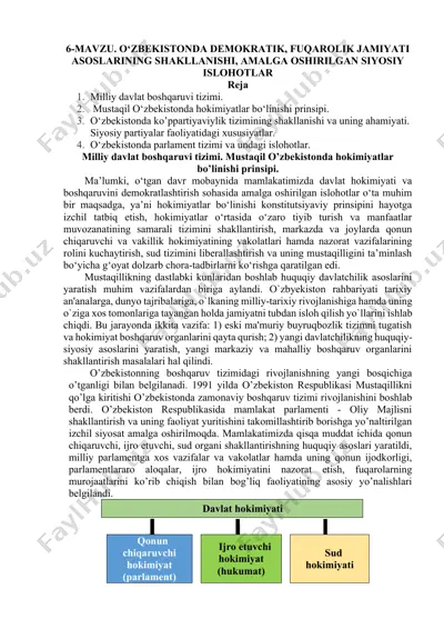 o‘zbekistonda demokratik, fuqarolik jamiyati asoslarining shakllanishi, amalga oshirilgan siyosiy islohotlar — DOCX