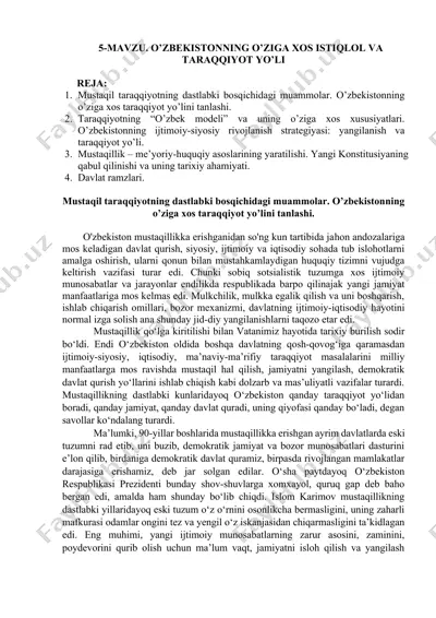 o'zbekistonning o'ziga xos istiqbol va taraqqiyot yo'llari — DOCX