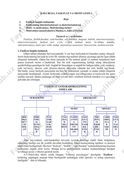 8-ma`ruza: faoliyat va motivatsiya — DOCX