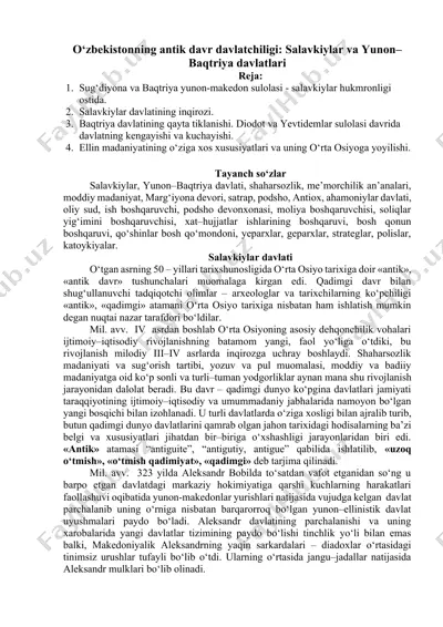 o‘zbekistonning antik davr davlatchiligi: salavkiylar va yunon–baqtriya davlatlari — DOCX