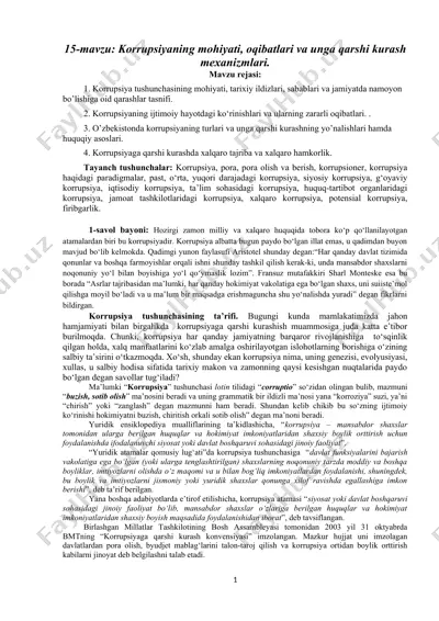 korrupsiyaning mohiyati, oqibatlari va unga qarshi kurash mexanizmlari — DOCX