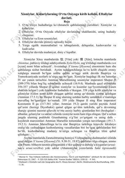 xioniylar, kidariylarning o‘rta osiyoga kirib kelishi — DOCX