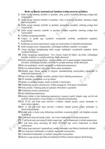 bosh va buyin anatomiyasi fanidan oraliq nazorat savollari — DOCX
