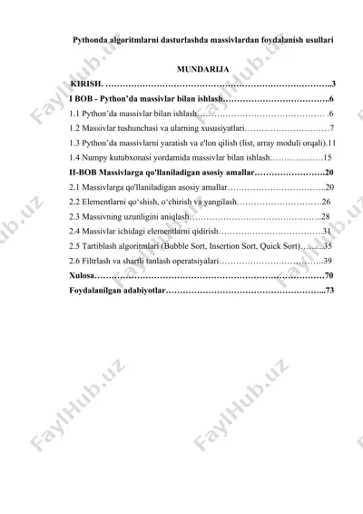 pythonda algoritmlarni dasturlashda massivlardan foydalanish usullari — DOCX