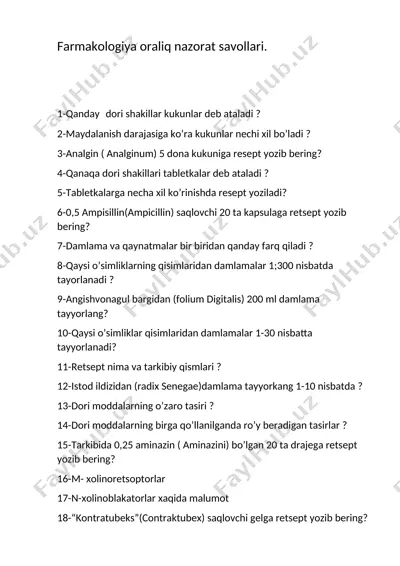 farmakologiya oraliq nazorat savollari — DOCX