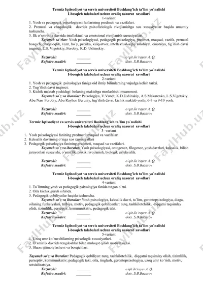 boshlang’ich ta’lim yo`nalishi i-bosqich talabalari uchun oraliq nazorat savollari — DOCX