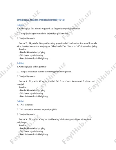 onkologiya fanidan imtihon biletlari (40 ta) — DOCX
