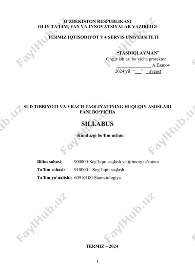sud tibbiyoti va vrach faoliyatining huquqiy asoslari faniga oid silabus — DOCX