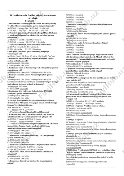 o’zbekiston tarix fanidan yakuniy nazorat test savollari. — DOCX